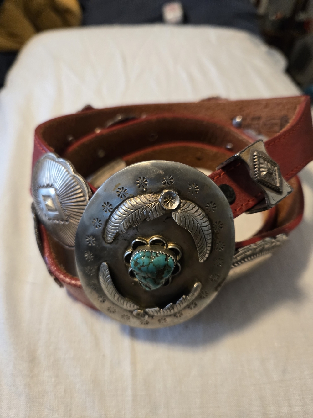 Red Leather Concho Belt with Turquoise Accent